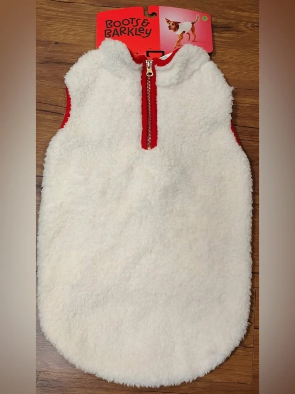 NEW-Medium Sherpa Pet Vest Faux Shearling Zipper with Red Trim Fleece Dog Vest